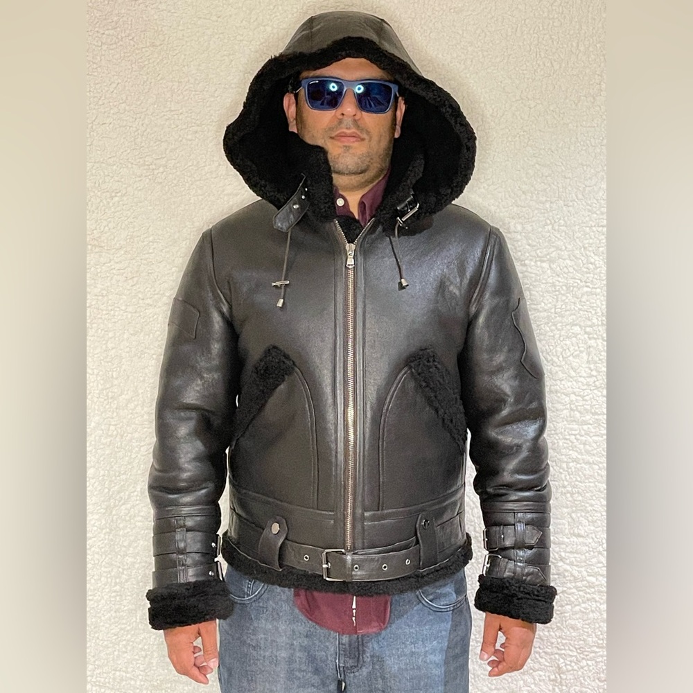 Real Sheepskin Shearling leather Bomber jacket with removable hood NWT